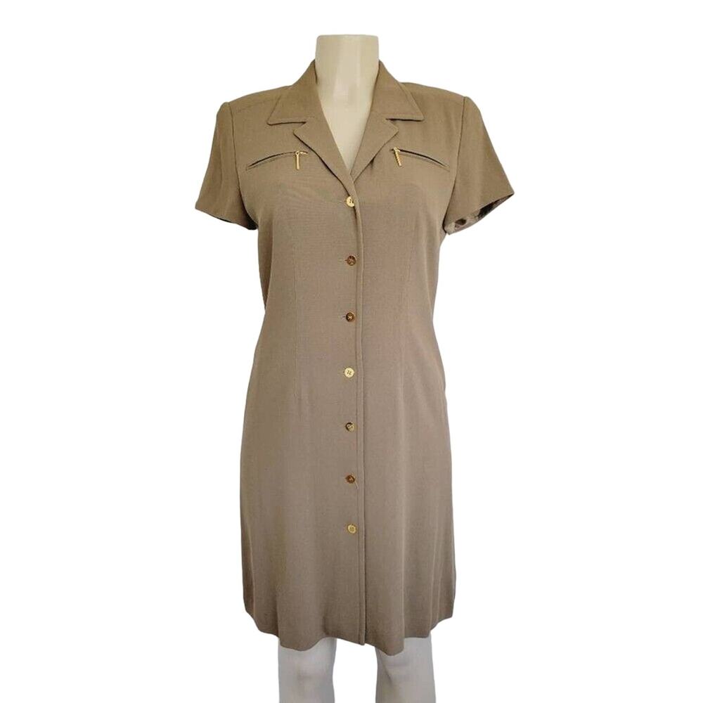 Vintage Linda Allard Ellen Tracy Military Green w/ Gold Button Down Shirt Dress